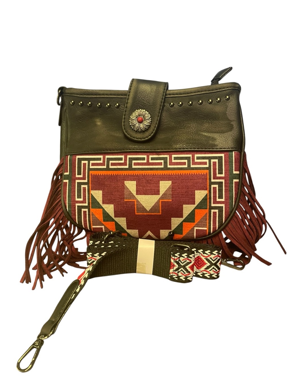 Boho Fringe Crossbody Bag multicolored with Aztec Print guitar strap